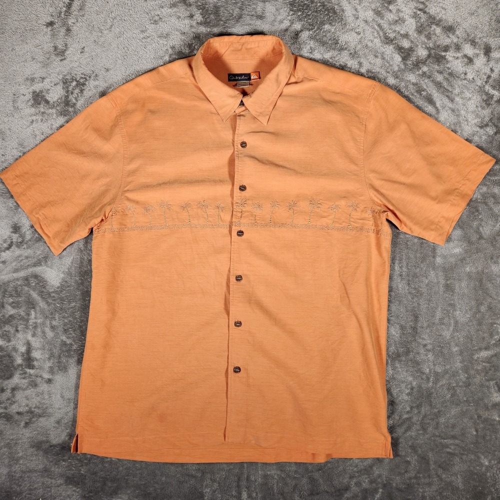 Quiksilver Button Down Shirt Mens XL Orange Excellent Palm Tree Embroidered Surf